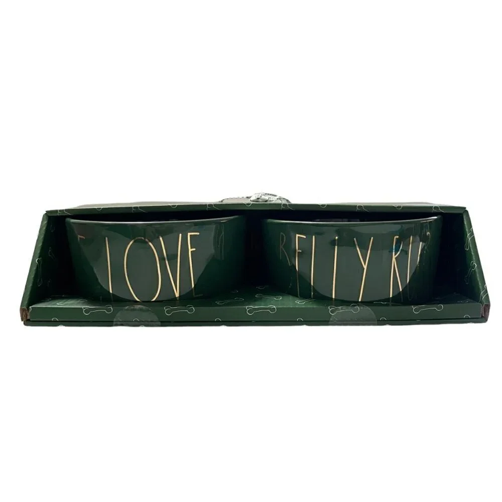 Rae Dunn New Green Peace Love & Belly Rub Pet Food & Water Bowls 2 Piece Set